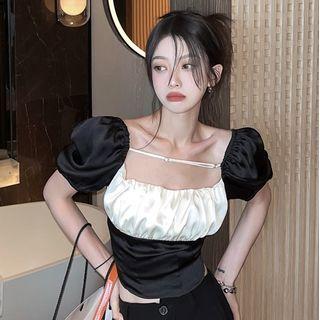 Puff-sleeve Two-tone Cropped Blouse