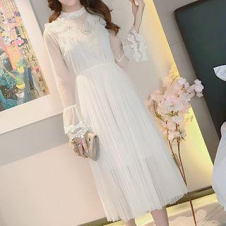 Embellished Long-sleeve A-line Midi Dress