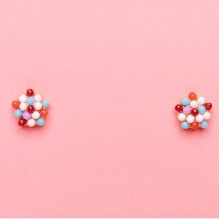 Ball Ear Stud 1 Pair - 925 Silver Needle - Red & Blue & White - One Size