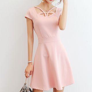 Short-sleeve Perforated A-line Mini Dress