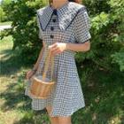 Collared Slim-cut Short-sleeve Check Mini Dress