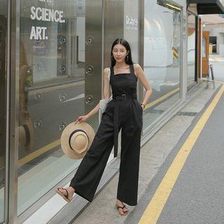 Wide-leg Belted Linen Blend Jumper Pants