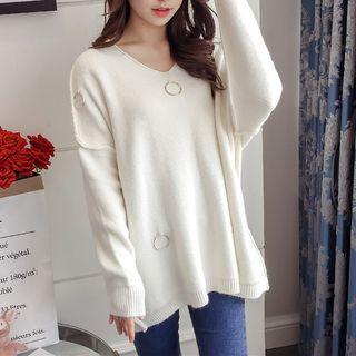 Metal Ring Detail V-neck Sweater