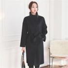High-neck Wool Blend Coat With Sash