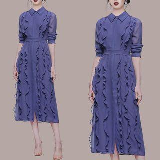 Plain Ruffle Trim Midi A-line Shirtdress