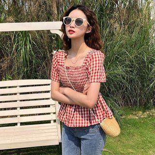 Short-sleeve Plaid Tie-waist Ruffled Blouse