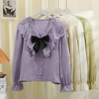 Ribbon-accent Lace-panel Loose Blouse