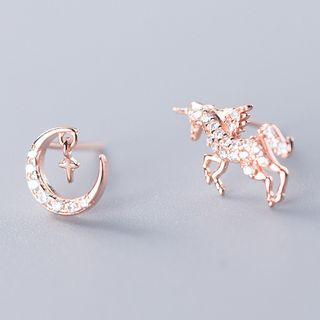 925 Sterling Silver Non-matching Rhinestone Crescent & Horse Earring