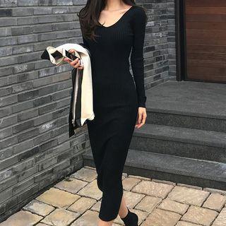 Rib-knit Midi Sheath Sweater Dress Black - One Size