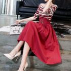 Set: Elbow-sleeve Frill Trim Knit Top + High-waist Midi A-line Skirt