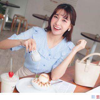 Short-sleeve Gingham Ruffle Top