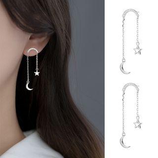 925 Sterling Silver Rhinestone Moon & Star Tassel Earring