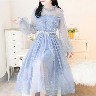 Faux Pearl Ruffled A-line Midi Mesh Dress