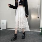 Asymmetrical Tiered Mesh Panel Midi A-line Skirt