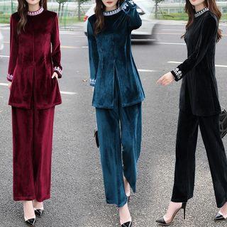 Set: Long-sleeve Embroidered Trim Velvet Top + Wide-leg Pants