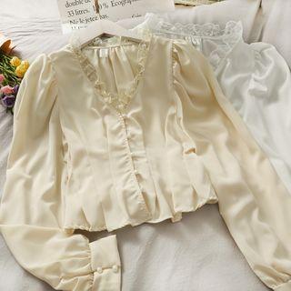 Details Lace-trim V-neck Cropped Blouse