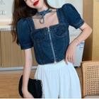 Short-sleeve Denim Zip-up Blouse