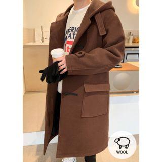Hooded Toggle-buttoned Long Woolen Coat