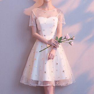Embroidered Mesh Short Sleeve Cocktail Dress