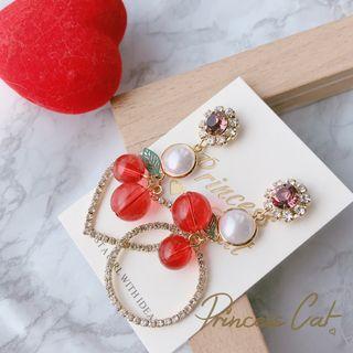Non-matching Rhinestone Resin Cherry Heart & Hoop Dangle Earring 1 Pair - Earring - Non-match - Cherry - One Size