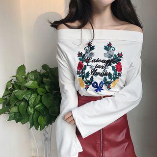 Embroidered Off-shoulder Long-sleeve T-shirt