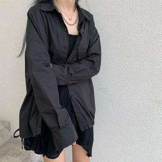 Drawstring-hem Long-sleeve Shirt / Asymmetric Hem Mini A-line Skirt
