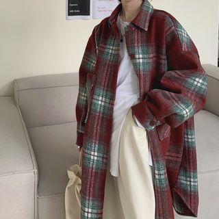 Plaid Medium Long Woolen Jacket As Shown In Figure - One Size