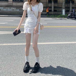 Puff-sleeve Cutout Drawstring Dress