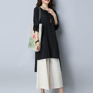 Set: Dipback Crew-neck Long-sleeve T-shirt + Cropped Wide-leg Pants