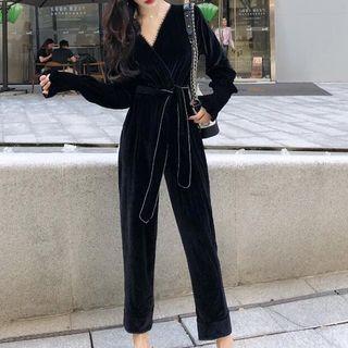 Long-sleeve Velvet Jumpsuit Black - One Size