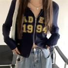 Long-sleeve Lettering Zip-up Cropped T-shirt