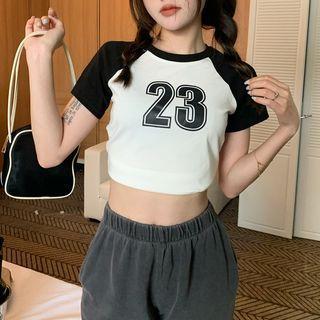 Short-sleeve Numbering Raglan Crop T-shirt