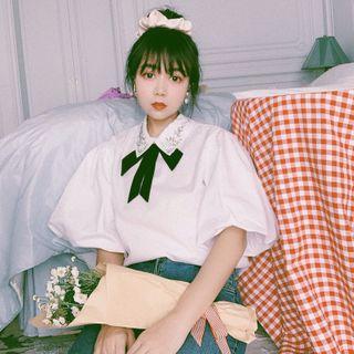 Rhinestone Tie-neck Elbow-sleeve Shirt