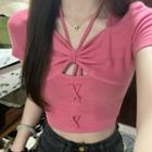Mock Two-piece Short-sleeve Knit Top Pink - One Size