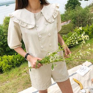 Capelet Puff-sleeve Double-breasted Playsuit