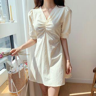 Puff-sleeve Shirred-front Dress