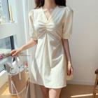 Puff-sleeve Shirred-front Dress