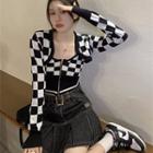 Checkerboard Panel Zip Camisole Top / Long-sleeve Shrug