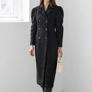 Puff-sleeve Tweed Long Coatdress