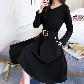 Long-sleeve Belt-waist A-line Midi Dress