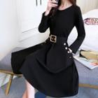 Long-sleeve Belt-waist A-line Midi Dress
