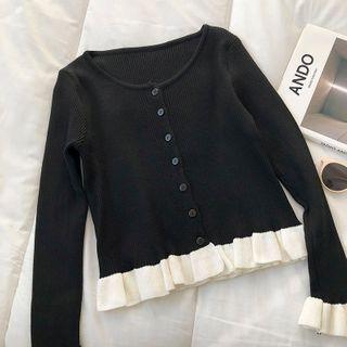 Long-sleeve Round-neck Two-tone Knit Top Black - One Size