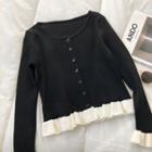 Long-sleeve Round-neck Two-tone Knit Top Black - One Size