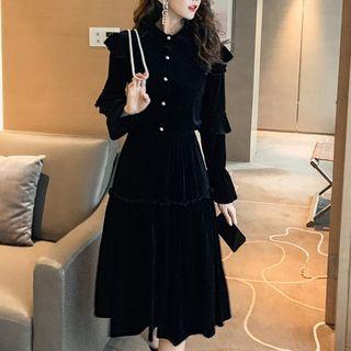 Set: Ruffle Trim Buttoned Top + Frilled Trim Midi Skirt