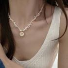 Lettering Pendant Freshwater Pearl Necklace 1 Pc - Gold - One Size