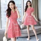 Short-sleeve Notch Neck Stripe A-line Dress