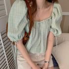Square-neck Drawstring Check Blouse Green - One Size