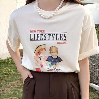 Elbow-sleeve Crew Neck Cartoon Print T-shirt