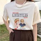 Elbow-sleeve Crew Neck Cartoon Print T-shirt