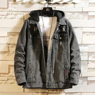Removable Hooded Distressed Denim Jacket
